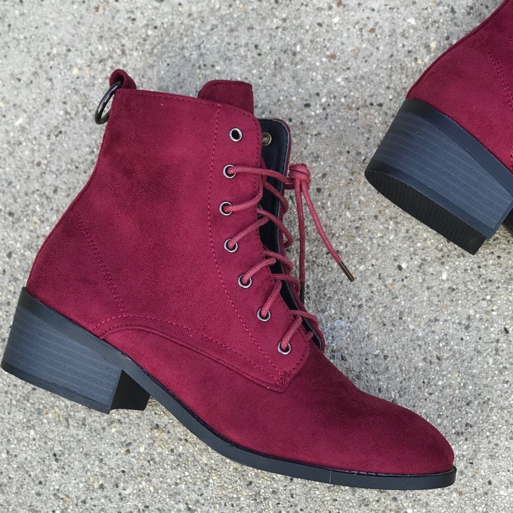New! Kennedy Burgundy Wine Faux Suede COMBAT BOOTS - Picture 6 of 8